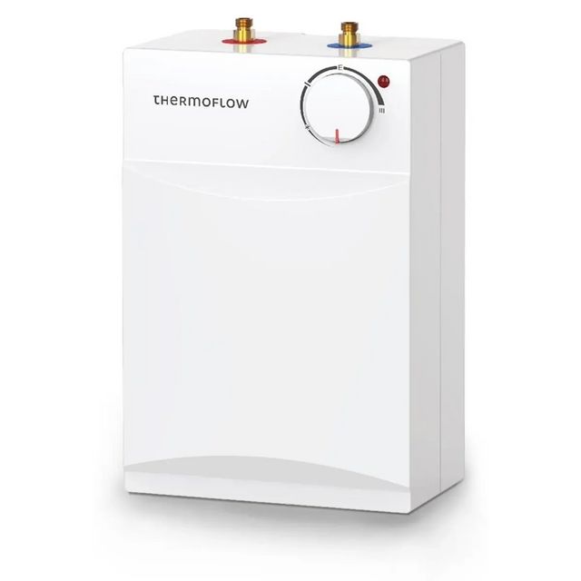 Der „Thermoflow UT 5 Untertischspeicher – weiß“ von Thermoflow ist ein druckloser Untertisch-Warmwasserbereiter mit einem Temperaturregler und zwei oben angebrachten Zulaufventilen – einem roten und einem blauen – für eine effiziente Installation.