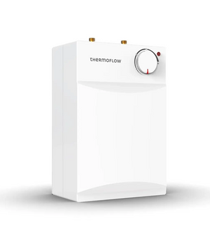 Der weiße Untertischspeicher „Thermoflow UT 5“ von Thermoflow mit Drehregler wird vor einem schlichten weißen Hintergrund gezeigt.