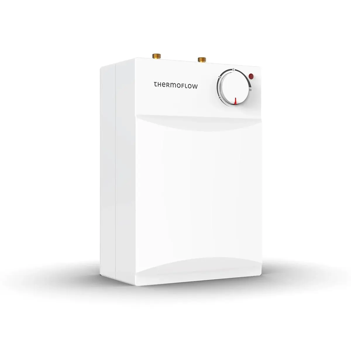 Der weiße Untertischspeicher „Thermoflow UT 5“ von Thermoflow mit Drehregler wird vor einem schlichten weißen Hintergrund gezeigt.