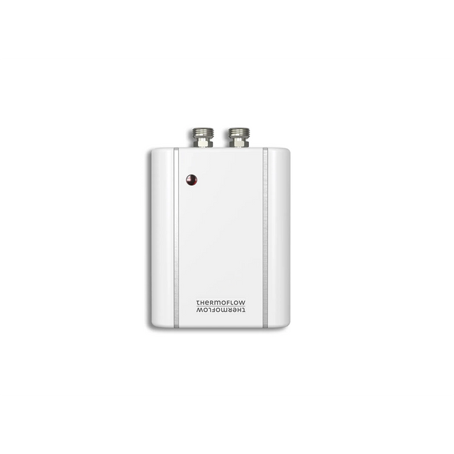 Der Thermoflow ELEX 3,5 Durchlauferhitzer in weiß hat ein rechteckiges Design, zwei metallische Anschlüsse oben und eine Kontrollleuchte vorne - ideal für eine effiziente Warmwasserversorgung.