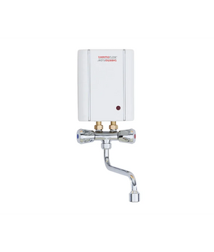Der Thermoflow ELEX35ARM Durchlauferhitzer mit Armatur in Weiß ist ein über einer Zweigriffarmatur montierter Durchlauferhitzer, ideal für die effiziente Warmwasserbereitung.