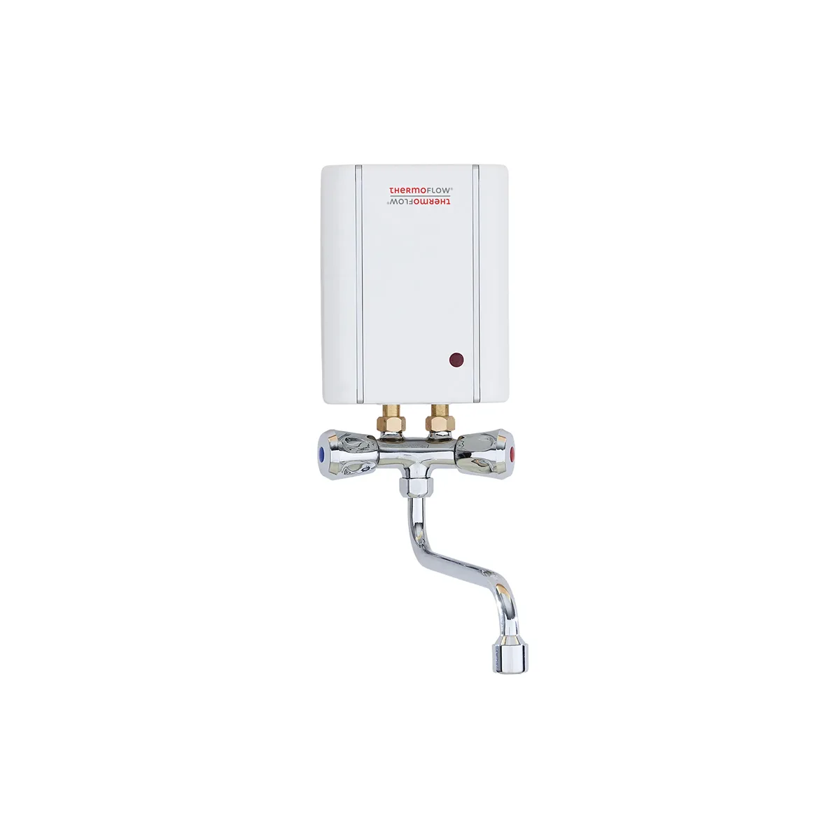 Der Thermoflow ELEX35ARM Durchlauferhitzer mit Armatur in Weiß ist ein über einer Zweigriffarmatur montierter Durchlauferhitzer, ideal für die effiziente Warmwasserbereitung.