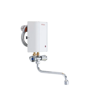 Der Thermoflow ELEX35ARM Durchlauferhitzer mit Armatur - weiß ist ein wandmontierter, weißer Durchlauferhitzer von Thermoflow mit einer angebrachten verchromten Niederdruckarmatur und sichtbarem schwarzen Netzkabel für effiziente Warmwasserbereitung.