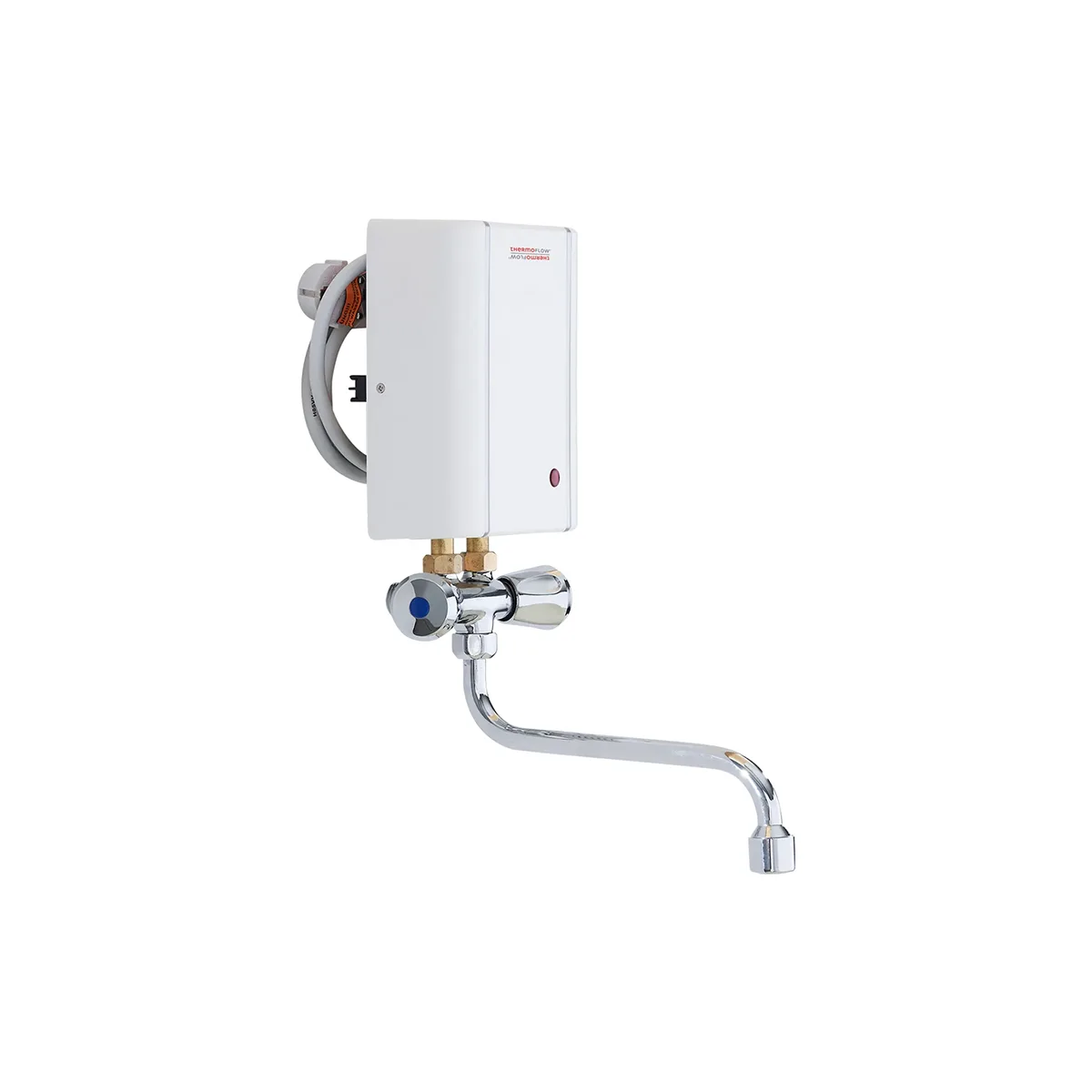 Der Thermoflow ELEX35ARM Durchlauferhitzer mit Armatur - weiß ist ein wandmontierter, weißer Durchlauferhitzer von Thermoflow mit einer angebrachten verchromten Niederdruckarmatur und sichtbarem schwarzen Netzkabel für effiziente Warmwasserbereitung.