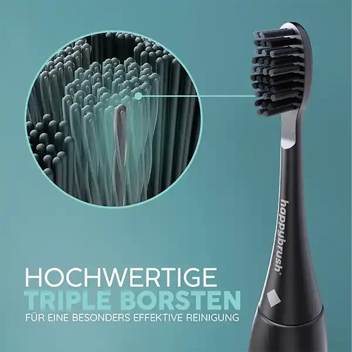 Nahaufnahme der happybrush Eco Vibe 3+ Schallzahnbürste in Schwarz mit Dreifach-Borsten und deutschem Text zur hochwertigen Plaque-Entfernung für eine effektive und nachhaltige Zahnpflege.