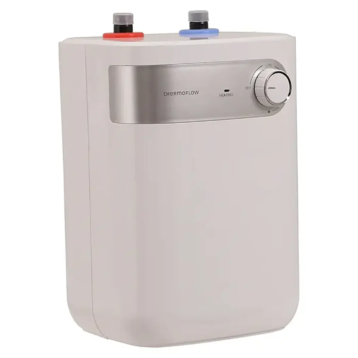 Der Thermoflow DS 5U Untertischspeicher in Weiß von Thermoflow verfügt über einen Drehregler sowie rote und blaue Zu- und Ablaufrohre an der Oberseite und eignet sich somit ideal als effiziente Warmwasserversorgungslösung unter der Spüle.