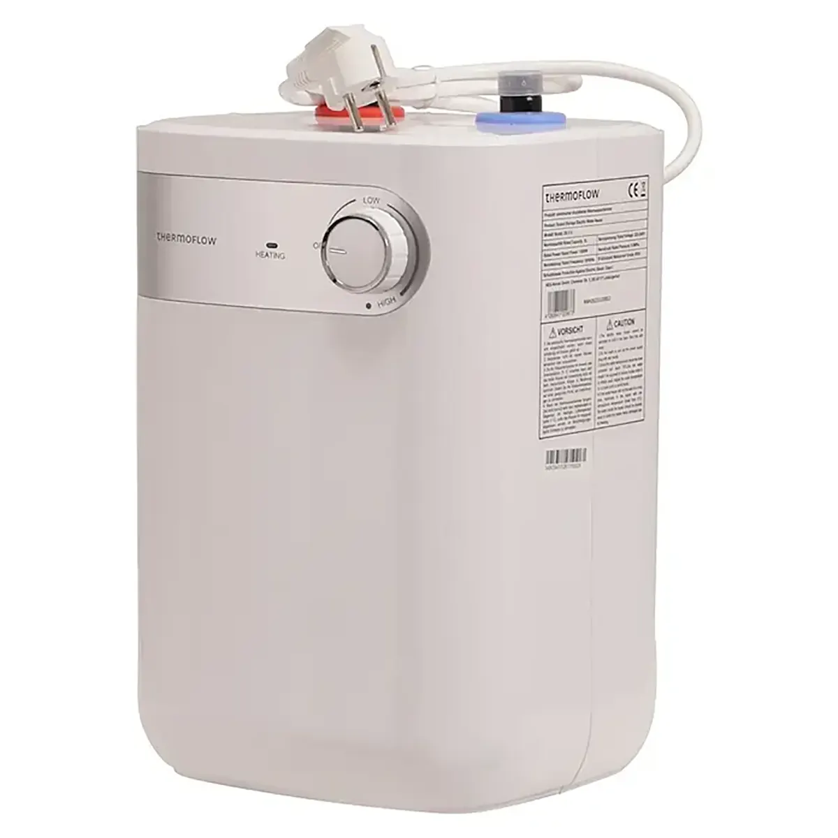 Der Thermoflow DS 5U Untertischspeicher in Weiß, ausgestattet mit einem Drehregler, einem Netzkabel und einer beschrifteten Seitenwand, wurde von Thermoflow für eine einfache und bequeme Installation unter der Spüle entwickelt.