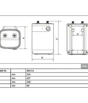 Technische Zeichnung des Thermoflow DS 5U Untertischspeichers – weiß, eines rechteckigen Geräts von Thermoflow, mit den gekennzeichneten Abmessungen A, B, C und D in Millimetern. Dieser Untertischspeicher ist für den platzsparenden Einbau unter Spülbecken konzipiert.