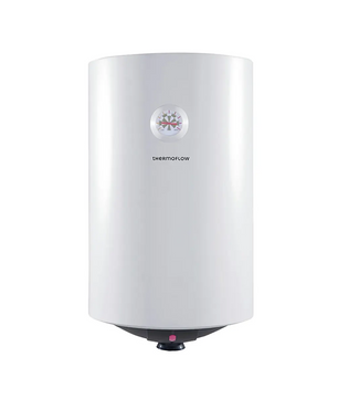 Der weiße Warmwasserspeicher „Thermoflow DS30“ von Thermoflow mit zylindrischem Design und einem kompakten Bedienfeld am unteren Rand ist isoliert vor einem weißen Hintergrund abgebildet.
