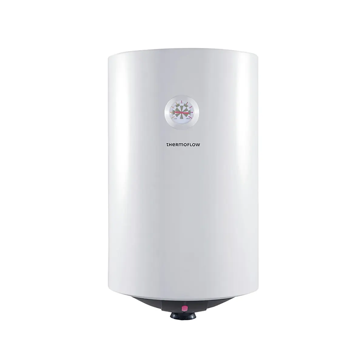 Der weiße Warmwasserspeicher „Thermoflow DS30“ von Thermoflow mit zylindrischem Design und einem kompakten Bedienfeld am unteren Rand ist isoliert vor einem weißen Hintergrund abgebildet.