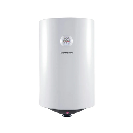 Der weiße Warmwasserspeicher „Thermoflow DS30“ von Thermoflow mit zylindrischem Design und einem kompakten Bedienfeld am unteren Rand ist isoliert vor einem weißen Hintergrund abgebildet.