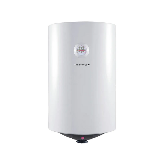 Der weiße Warmwasserspeicher „Thermoflow DS30“ von Thermoflow mit zylindrischem Design und einem kompakten Bedienfeld am unteren Rand ist isoliert vor einem weißen Hintergrund abgebildet.