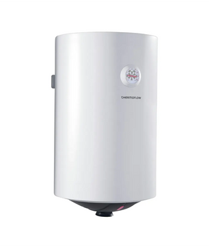 Weißer, zylindrischer Thermoflow DS30 Warmwasserspeicher zur Wandmontage mit einer kleinen Anzeige und dem Thermoflow-Logo auf der Vorderseite. Dieses Gerät sorgt für eine zuverlässige und effiziente Warmwasserversorgung in Ihrem Haushalt.