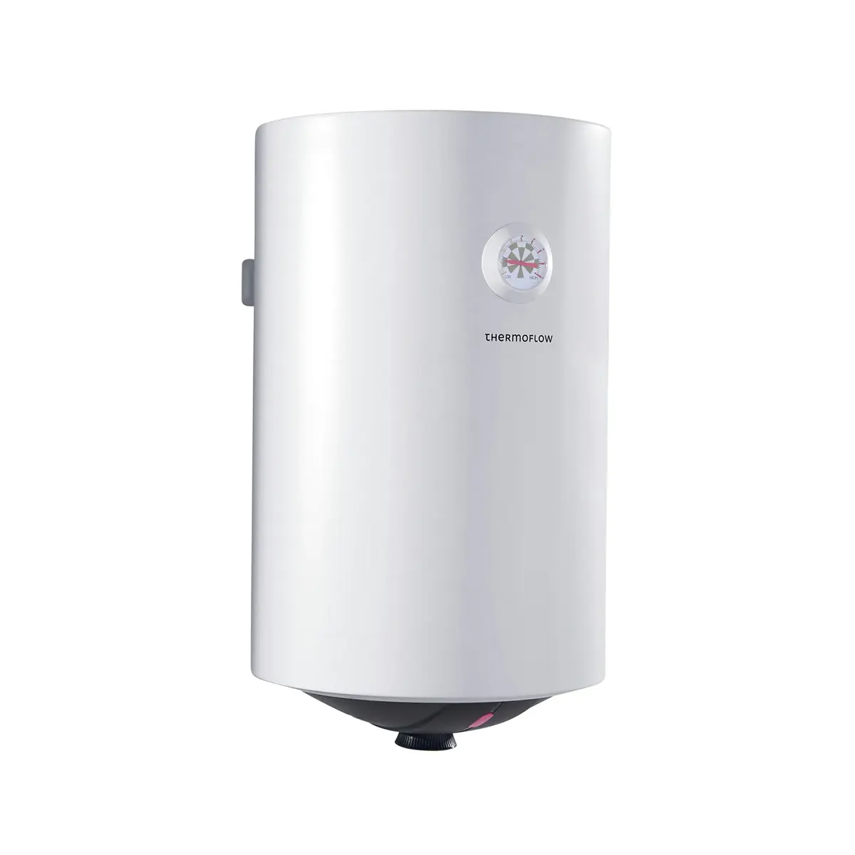 Weißer, zylindrischer Thermoflow DS30 Warmwasserspeicher zur Wandmontage mit einer kleinen Anzeige und dem Thermoflow-Logo auf der Vorderseite. Dieses Gerät sorgt für eine zuverlässige und effiziente Warmwasserversorgung in Ihrem Haushalt.
