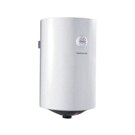 Weißer, zylindrischer Thermoflow DS30 Warmwasserspeicher zur Wandmontage mit einer kleinen Anzeige und dem Thermoflow-Logo auf der Vorderseite. Dieses Gerät sorgt für eine zuverlässige und effiziente Warmwasserversorgung in Ihrem Haushalt.
