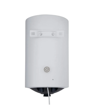 Ein vertikaler weißer elektrischer Warmwasserbereiter, wie beispielsweise der „Thermoflow DS30 Warmwasserspeicher“ von Thermoflow, der mit sichtbaren Schrauben an der Wand befestigt ist und an dem unten ein Kabel herunterhängt.