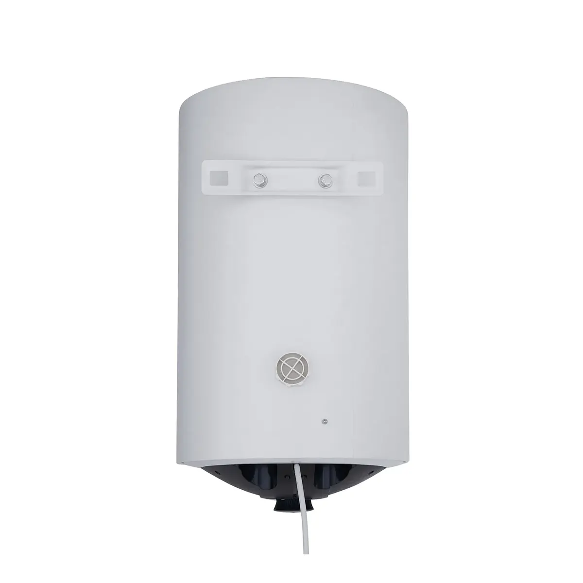 Ein vertikaler weißer elektrischer Warmwasserbereiter, wie beispielsweise der „Thermoflow DS30 Warmwasserspeicher“ von Thermoflow, der mit sichtbaren Schrauben an der Wand befestigt ist und an dem unten ein Kabel herunterhängt.