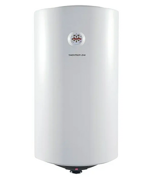 Der Thermoflow DS 50 Warmwasserspeicher – weiß ist ein weißer, zylindrischer, druckfester 50-Liter-Wandspeicher von Thermoflow mit einem kleinen runden Display und dem Thermoflow-Logo auf der Vorderseite, der für eine zuverlässige und effiziente Warmwasserversorgung ausgelegt ist.