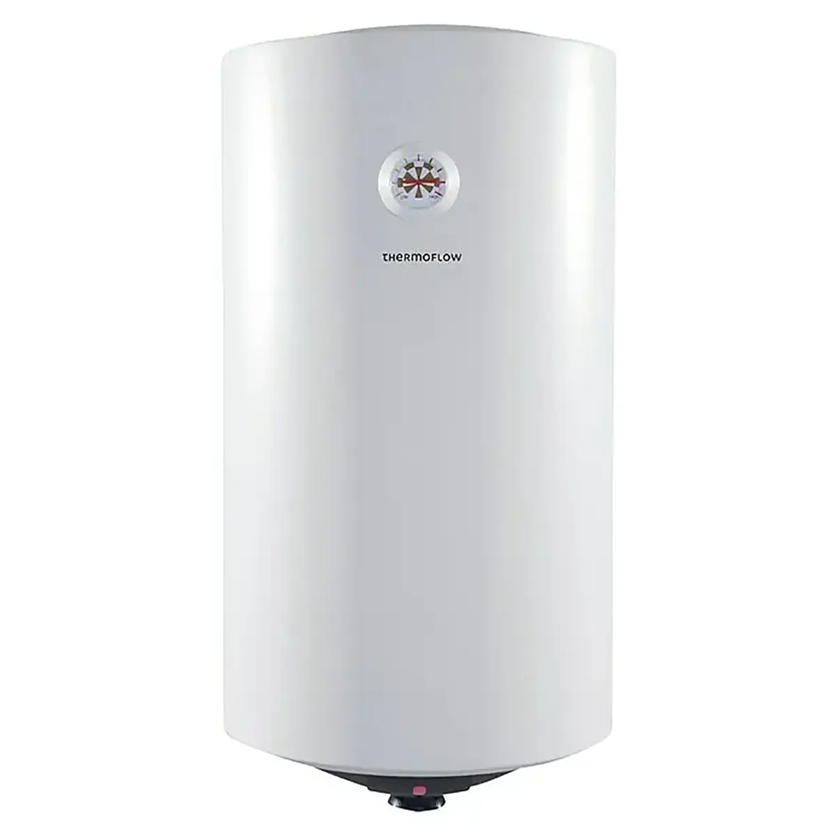 Der Thermoflow DS 50 Warmwasserspeicher – weiß ist ein weißer, zylindrischer, druckfester 50-Liter-Wandspeicher von Thermoflow mit einem kleinen runden Display und dem Thermoflow-Logo auf der Vorderseite, der für eine zuverlässige und effiziente Warmwasserversorgung ausgelegt ist.
