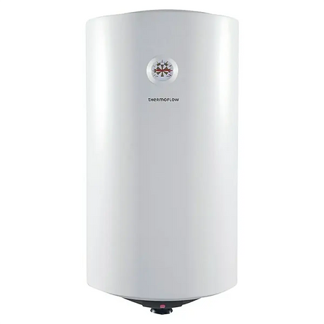 Der Thermoflow DS 50 Warmwasserspeicher – weiß ist ein weißer, zylindrischer, druckfester 50-Liter-Wandspeicher von Thermoflow mit einem kleinen runden Display und dem Thermoflow-Logo auf der Vorderseite, der für eine zuverlässige und effiziente Warmwasserversorgung ausgelegt ist.