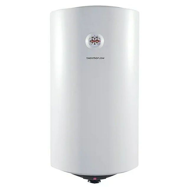 Der Thermoflow DS 50 Warmwasserspeicher – weiß ist ein weißer, zylindrischer, druckfester 50-Liter-Wandspeicher von Thermoflow mit einem kleinen runden Display und dem Thermoflow-Logo auf der Vorderseite, der für eine zuverlässige und effiziente Warmwasserversorgung ausgelegt ist.