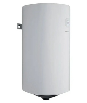 Der Warmwasserspeicher „Thermoflow DS 50“ von Thermoflow ist ein weißer, zylindrischer Warmwasserspeicher mit einem Fassungsvermögen von 50 Litern, der an der Wand montiert und auf der linken Seite mit einer sichtbaren Halterung befestigt ist.