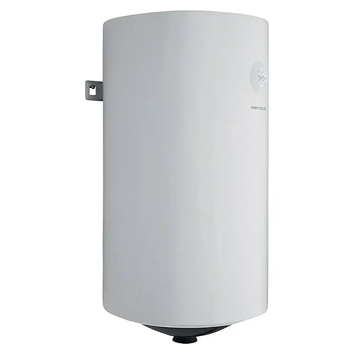 Der Warmwasserspeicher „Thermoflow DS 50“ von Thermoflow ist ein weißer, zylindrischer Warmwasserspeicher mit einem Fassungsvermögen von 50 Litern, der an der Wand montiert und auf der linken Seite mit einer sichtbaren Halterung befestigt ist.