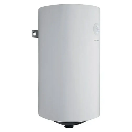 Der Warmwasserspeicher „Thermoflow DS 50“ von Thermoflow ist ein weißer, zylindrischer Warmwasserspeicher mit einem Fassungsvermögen von 50 Litern, der an der Wand montiert und auf der linken Seite mit einer sichtbaren Halterung befestigt ist.