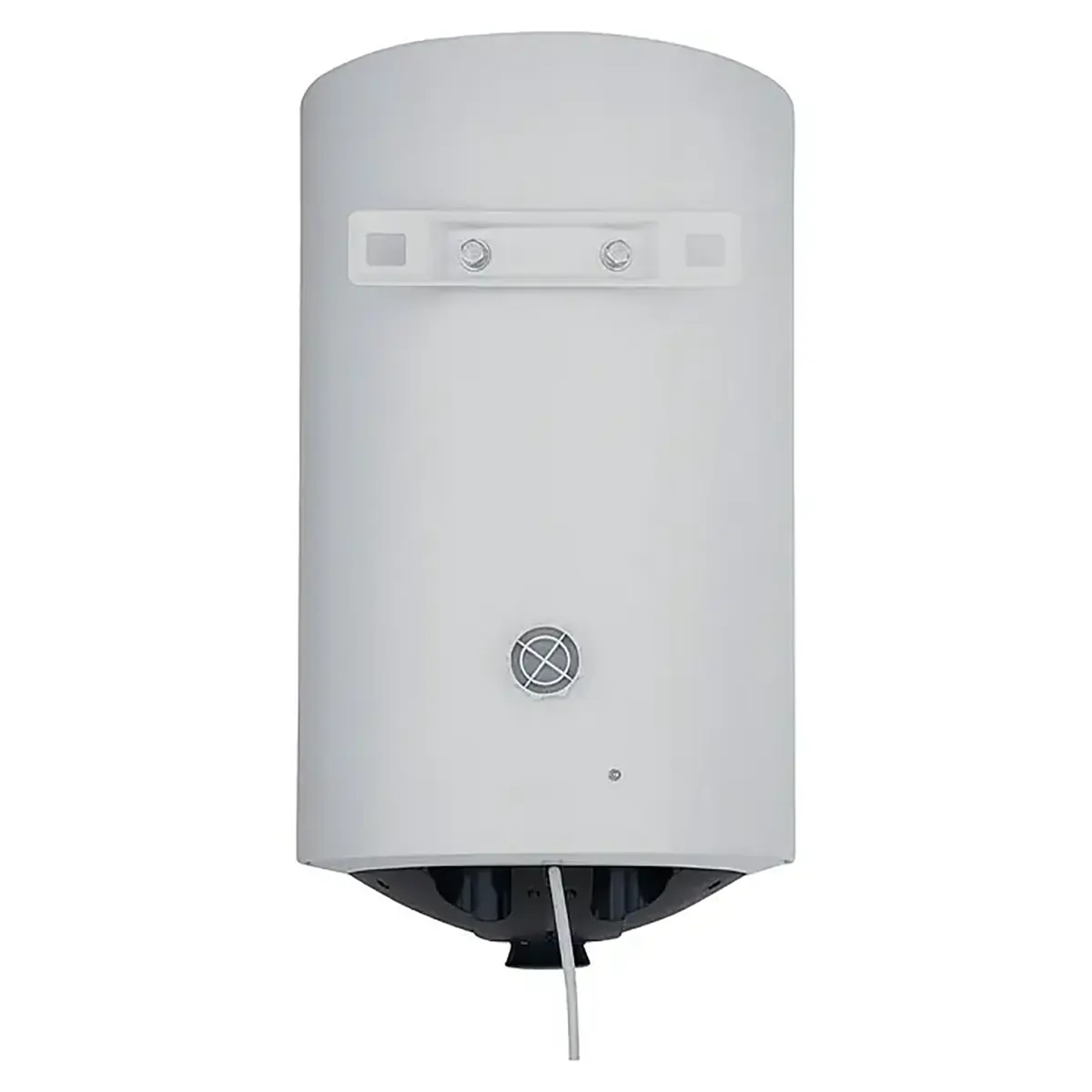 Der Thermoflow DS 50 Warmwasserspeicher – weiß ist ein druckfester Wandspeicher mit einem Fassungsvermögen von 50 Litern, der an der Wand montiert ist und von vorne betrachtet sichtbare Kabel am unteren Rand aufweist. Dieser Warmwasserspeicher stammt vom Hersteller Thermoflow.