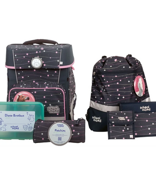 Das 7-teilige School-Mood Champion MAXX Schulranzen-Set "Ella" enthält ergonomische Schulranzen, Lunchbox, Federmäppchen und Geldbörse - ideal für die Grundschule.