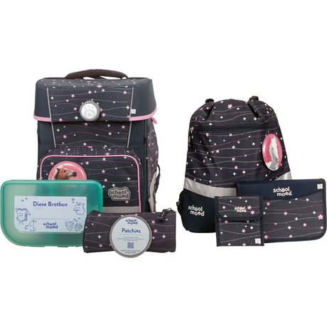 Das 7-teilige School-Mood Champion MAXX Schulranzen-Set "Ella" enthält ergonomische Schulranzen, Lunchbox, Federmäppchen und Geldbörse - ideal für die Grundschule.