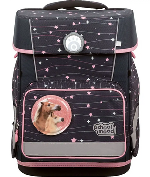 Das School-Mood Champion MAXX Schulranzen-Set 7-teilig "Ella" ist ein dunkler Schulrucksack mit rosa Sternen, Hundemarke und School-Mood-Logo - ideal als ergonomischer Grundschulranzen oder stylisches Schulranzen-Set.