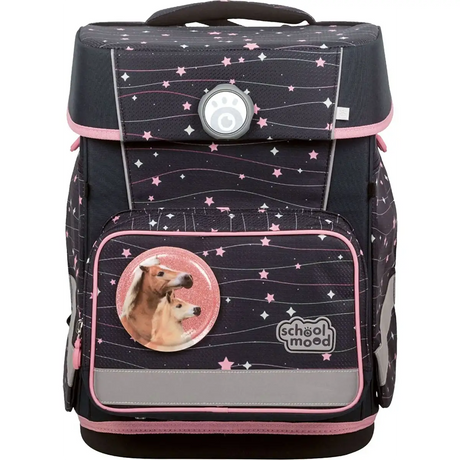 Das School-Mood Champion MAXX Schulranzen-Set 7-teilig "Ella" ist ein dunkler Schulrucksack mit rosa Sternen, Hundemarke und School-Mood-Logo - ideal als ergonomischer Grundschulranzen oder stylisches Schulranzen-Set.