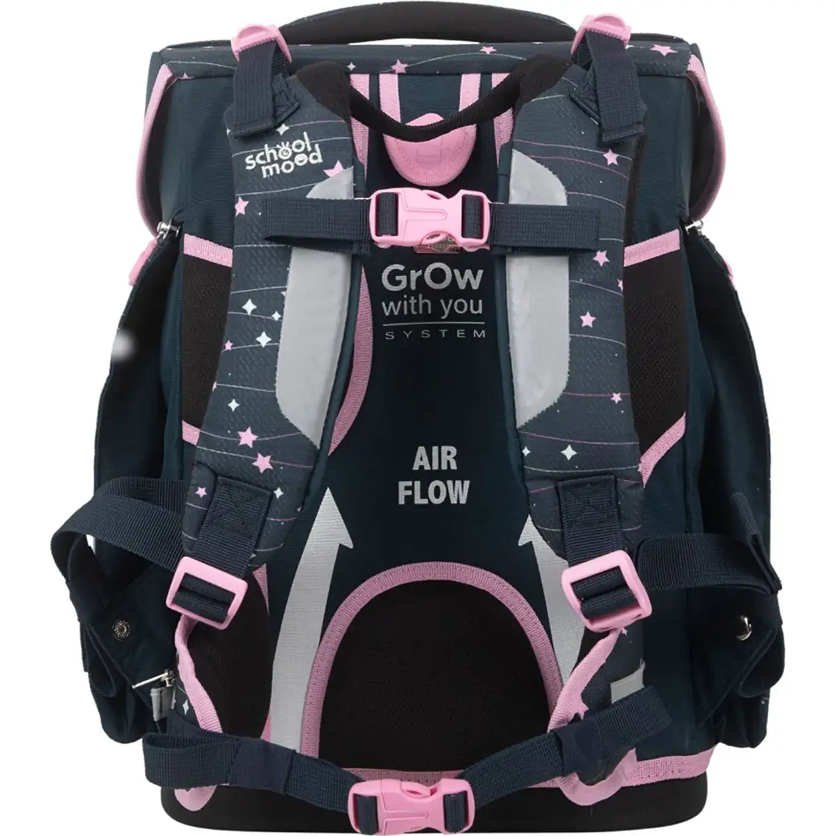 Das School-Mood Champion MAXX Schulranzen-Set 7-teilig "Ella" ist ein dunkelblauer und rosafarbener Schulranzen mit Sternenmuster, der mit AIR FLOW und Grow with you SYSTEM gekennzeichnet ist - eine perfekte ergonomische Wahl für Grundschüler.