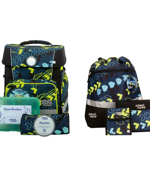 Entdecke das 7-teilige School-Mood Champion MAXX Schulranzen-Set "Elias" mit ergonomischem Ranzen, passenden Accessoires in Blau, Grün und Gelb sowie Lunchbox und Turnbeutel im Pfeil-Design.