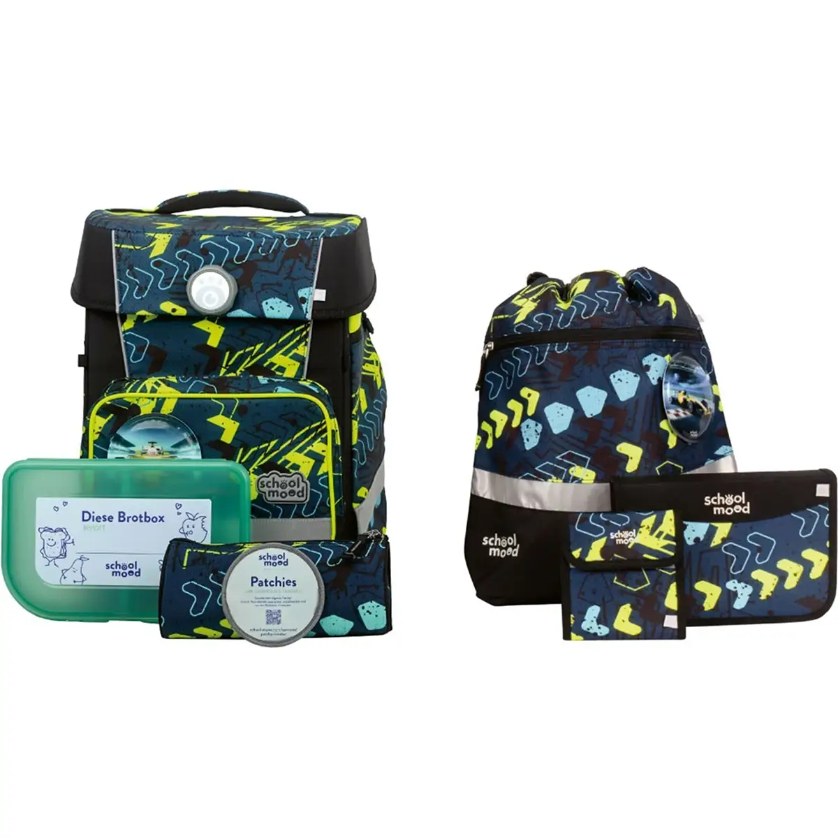 Entdecke das 7-teilige School-Mood Champion MAXX Schulranzen-Set "Elias" mit ergonomischem Ranzen, passenden Accessoires in Blau, Grün und Gelb sowie Lunchbox und Turnbeutel im Pfeil-Design.