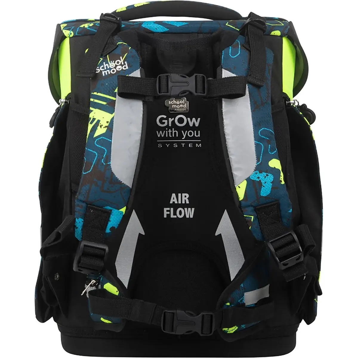 Frontansicht des School-Mood Champion MAXX Schulranzen-Set 7-teilig "Elias" in schwarz und blau, mit dem ergonomischen Grow with you SYSTEM und AIR FLOW Features von School-Mood.