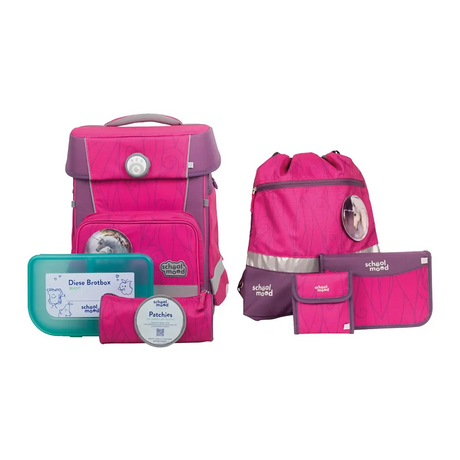 Das School-Mood Champion MAXX Schulranzen-Set 7-teilig "Luisa" besteht aus einem pink- und lilafarbenen ergonomischen Rucksack, einer Lunchbox, einem Federmäppchen, einem Kordelzugbeutel, einem Portemonnaie und vielem mehr - perfekt für Grundschüler.