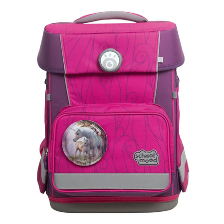 Das School-Mood Champion MAXX Schulranzen-Set 7-teilig "Luisa" ist ein pink- und lilafarbener ergonomischer Schulranzen für die Grundschule mit Einhornmotiv und School-Mood-Logo auf der Vordertasche.