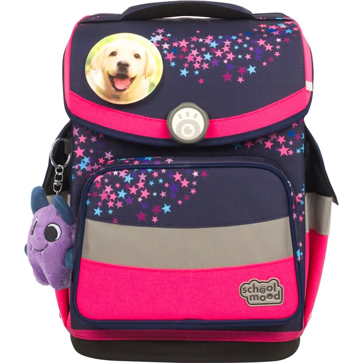 Das School-Mood Timeless Pro Schulranzen-Set 7-teilig "Leni" von School-Mood hat ein marineblaues und rosafarbenes Design mit Sternenmustern, einem Hundebild und wird mit einem lila Plüsch-Schlüsselanhänger geliefert.