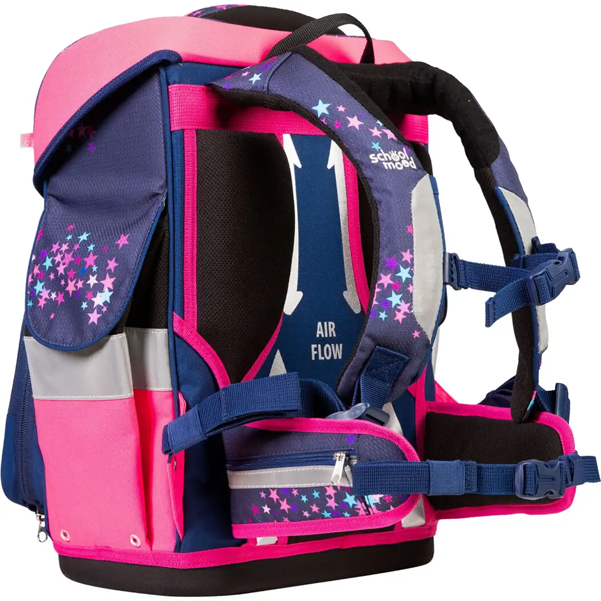 Das School-Mood Timeless Pro Schulranzen-Set 7-teilig "Leni" von School-Mood ist ein farbenfroher Kinderrucksack mit Sternenmuster, gepolstertem Rücken und mehreren Gurten und Taschen - ideal für den täglichen Komfort.