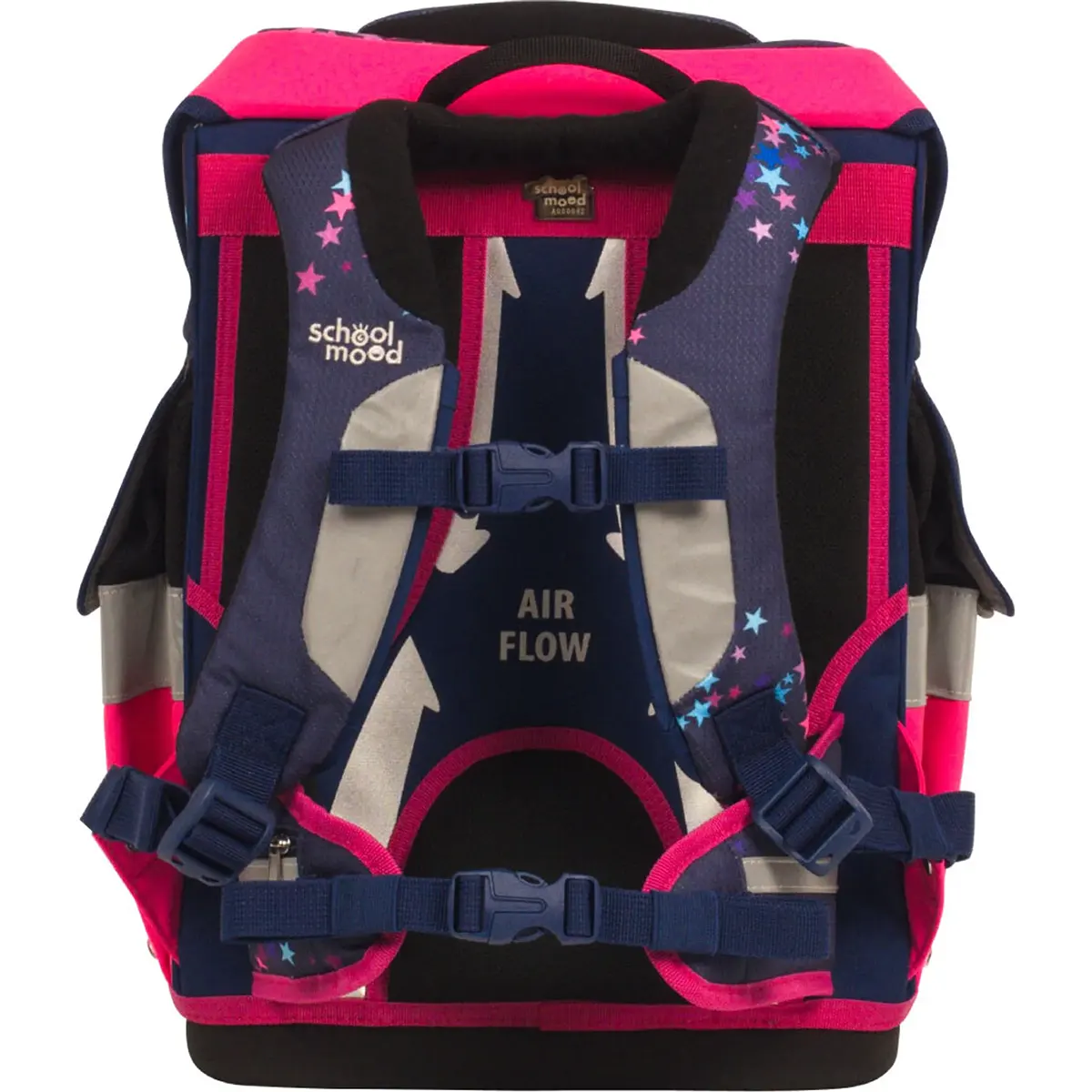 Das School-Mood Timeless Pro Schulranzen-Set 7-teilig "Leni" ist ein rosa und marineblauer Schulranzen mit Sternenmuster und verstellbaren, gepolsterten Schultergurten für ergonomischen Komfort.