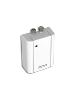 Der Thermoflow ELEX 5,5 Durchlauferhitzer in Weiß ist ein kompaktes Wandgerät mit zwei oberen Metallrohranschlüssen, das für die effiziente Warmwasserversorgung im Haushalt konzipiert ist.