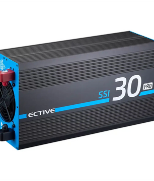 Der ECTIVE SSI PRO TN4967 Offgrid-Wechselrichter in Schwarz mit Lüfter und roten Anschlüssen eignet sich ideal als 12-V-zu-230-V-Wechselrichter für eine effiziente Stromumwandlung.