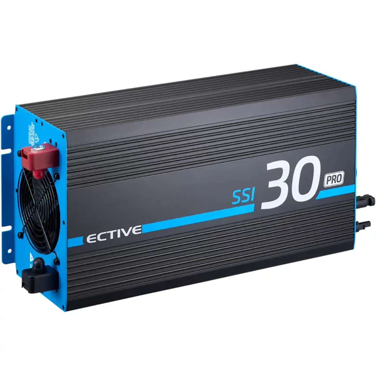 Der ECTIVE SSI PRO TN4967 Offgrid-Wechselrichter in Schwarz mit Lüfter und roten Anschlüssen eignet sich ideal als 12-V-zu-230-V-Wechselrichter für eine effiziente Stromumwandlung.