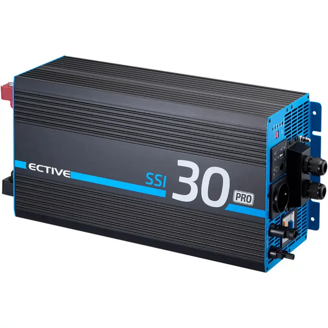 Der ECTIVE SSI PRO TN4967 Offgrid-Wechselrichter in Schwarz verfügt auf einer Seite über mehrere Anschlüsse.