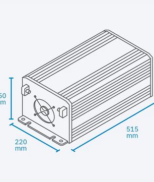 Strichzeichnung des ECTIVE SSI PRO TN4967 Offgrid-Wechselrichters in Schwarz mit den Maßen 150 mm Höhe, 220 mm Breite und 515 mm Länge – ideal für den Einbau in MPPT-Solarladeregler oder reine Sinus-Wechselrichter.