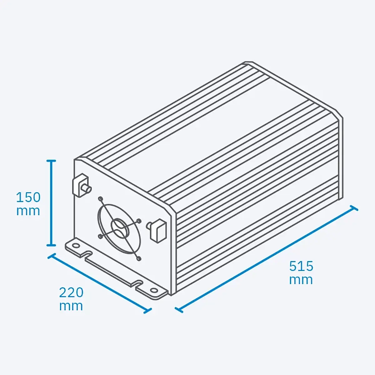 Strichzeichnung des ECTIVE SSI PRO TN4967 Offgrid-Wechselrichters in Schwarz mit den Maßen 150 mm Höhe, 220 mm Breite und 515 mm Länge – ideal für den Einbau in MPPT-Solarladeregler oder reine Sinus-Wechselrichter.