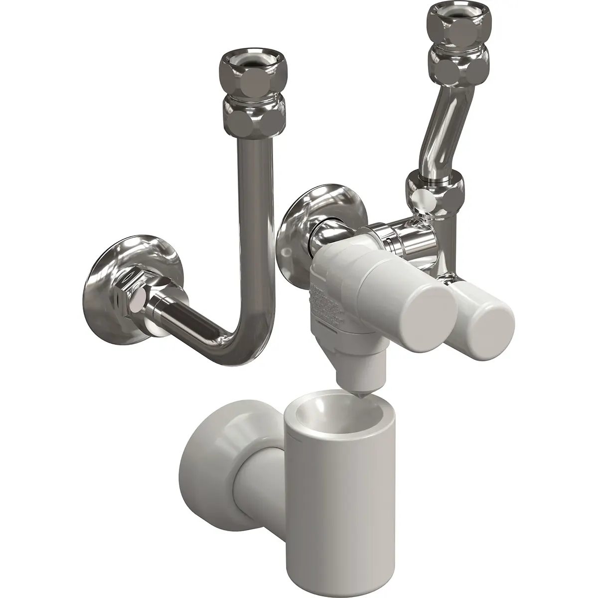 Verchromte Laborarmatur mit zwei Griffen, wandmontierten Rohren und einem weißen Geruchsverschluss unten; ideal für die Verwendung mit der Thermoflow SGKV30 1/2" Sicherheitsgruppe ohne Druckminderventil - weiß für zuverlässige Sicherheit.