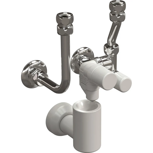 Verchromte Laborarmatur mit zwei Griffen, wandmontierten Rohren und einem weißen Geruchsverschluss unten; ideal für die Verwendung mit der Thermoflow SGKV30 1/2" Sicherheitsgruppe ohne Druckminderventil - weiß für zuverlässige Sicherheit.